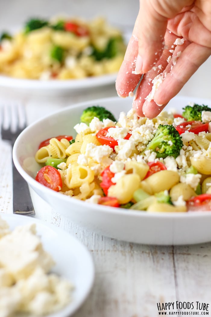 Broccoli Tomato Pasta Salad topped with Feta Cheese Picture