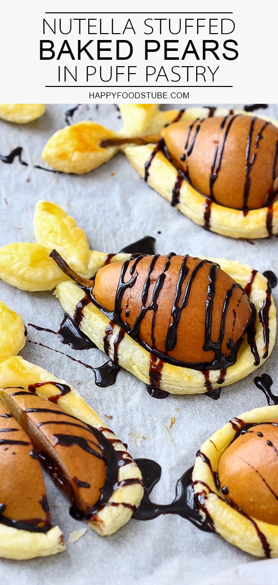 Baked pears stuffed wiht hazelnut cream and drizzled with chocolate sauce
