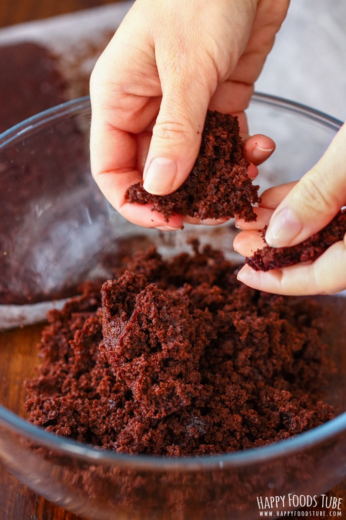 Crumbling the chocolate cake for Chocolate Raspberry Parfait