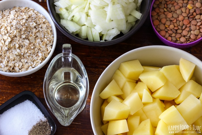 Ingredient for Instant Pot Chicken Lentil Soup, lentils, potatoes, oats, onion, oil, salt and pepper