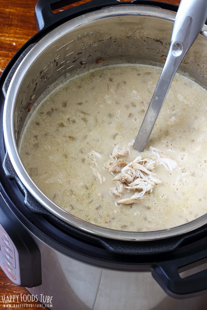 Pressure cooker Instant Pot filled with Chicken Lentil Soup