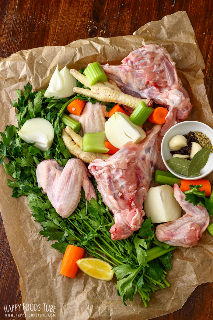 Ingredients for Instant Pot Chicken Stock, chicken carcasses, feet, wings, fresh parsley, onions, carrots, celery, garlic cloves