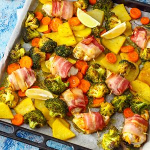 Homemade Sheet Pan Bacon Wrapped Chicken & Veggies