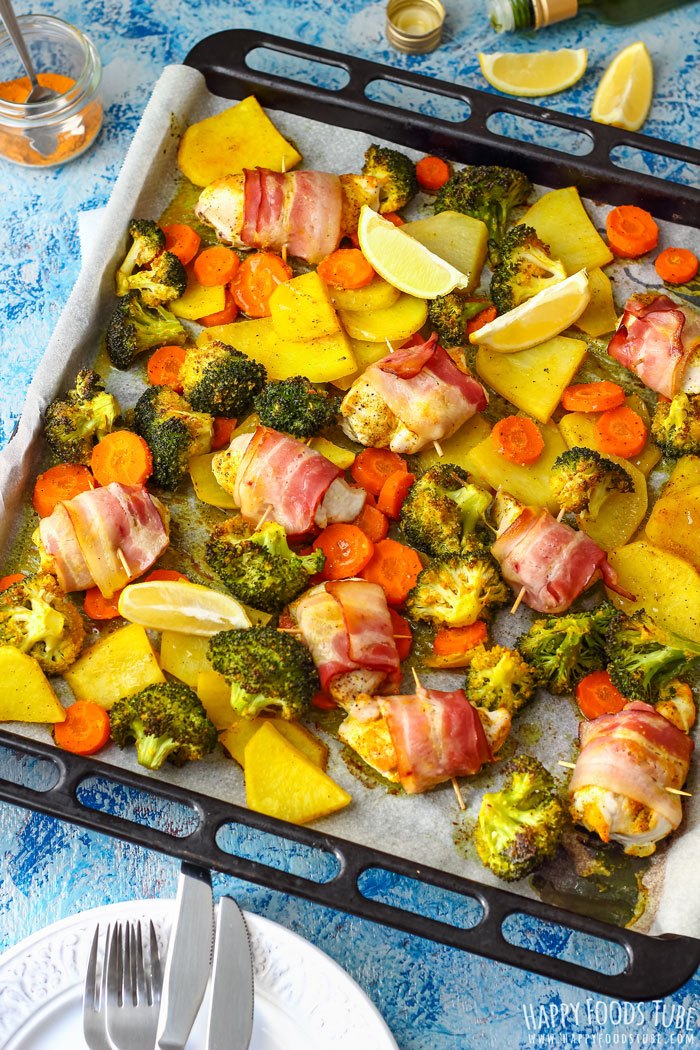 Sheet Pan Bacon Wrapped Chicken & Veggies on the baking tray