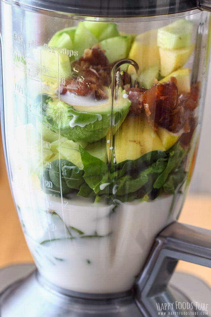 Ingredients ready in blender jug for Spinach Cucumber Smoothie