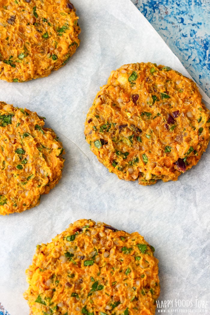 Sweet Potato Buckwheat Burger patties on the baking sheet