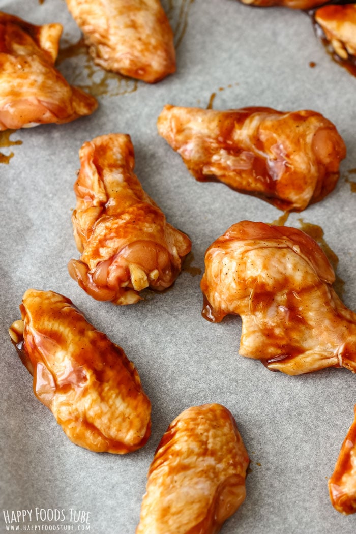 Marinated Sticky Hoisin Chicken Wings on the baking tray