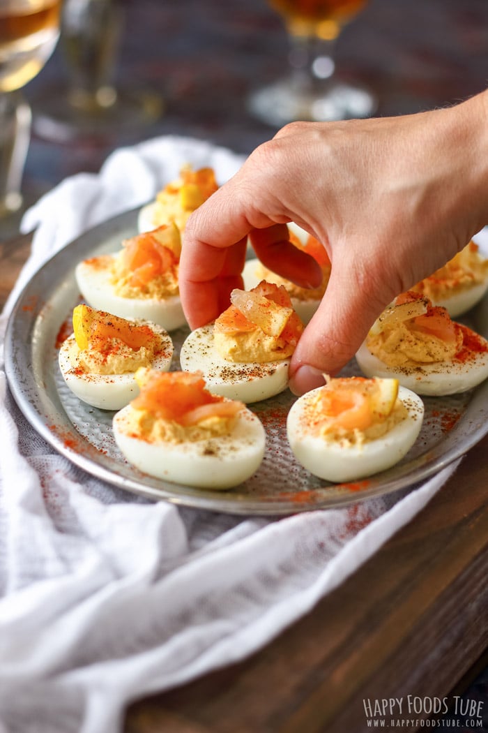 Picking by hand Smoked Salmon Deviled Eggs