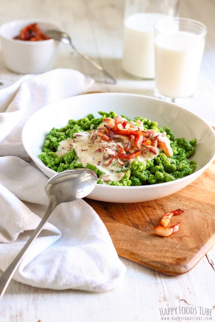 Green Spinach Spaetzle in the white bowl
