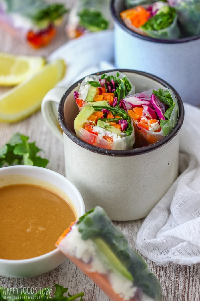 Vegetarian Fresh Spring Rolls with Peanut Sauce in a enamel mug