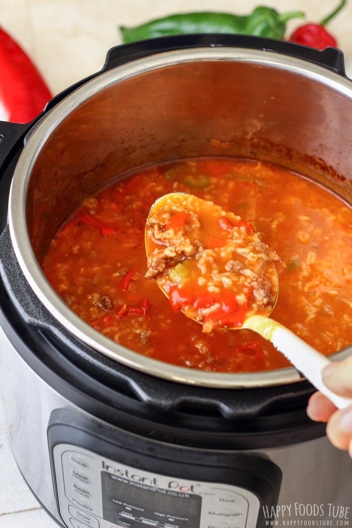 Spooning the Instant Pot Stuffed Pepper Soup