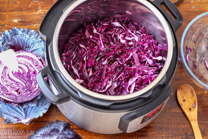 Shredded red cabbage in the pressure cooker instant pot