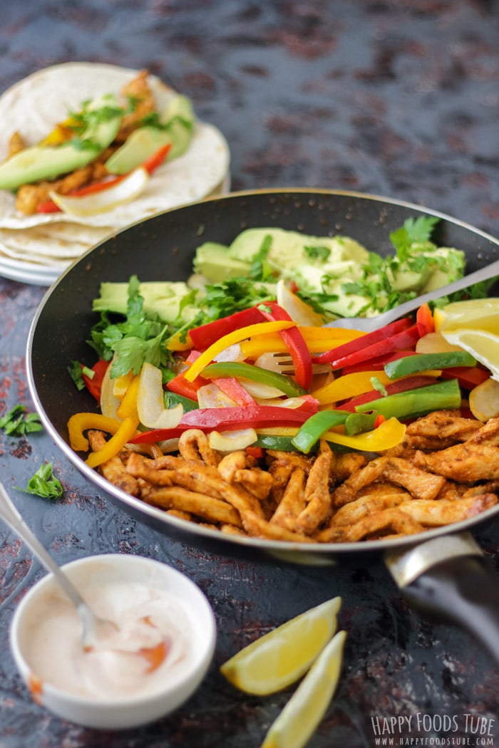 Skillet Chicken Fajitas with tortillas and homemade salsa, best Mexican food