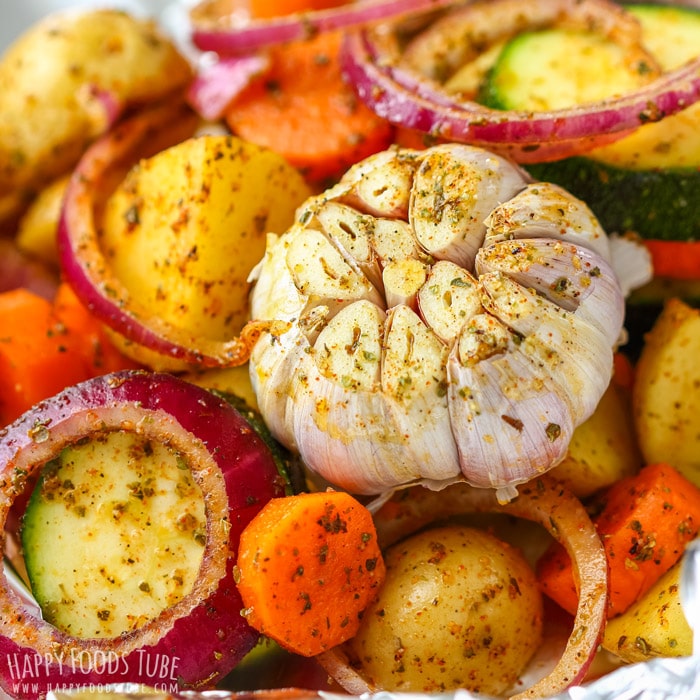 Uncooked Vegetable Foil Packets with Potatoes, Carrots, Zucchini and Garlic