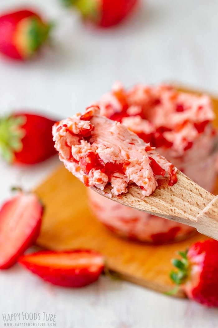 Fresh Strawberry Butter on the wooden spoon