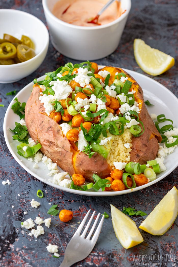 Instant Pot Stuffed Sweet Potatoes loaded with Mediterranean flavors