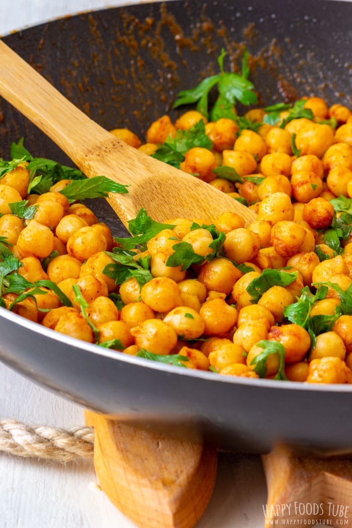Frying Chickpeas and Parsley for Apple Chickpea Salad