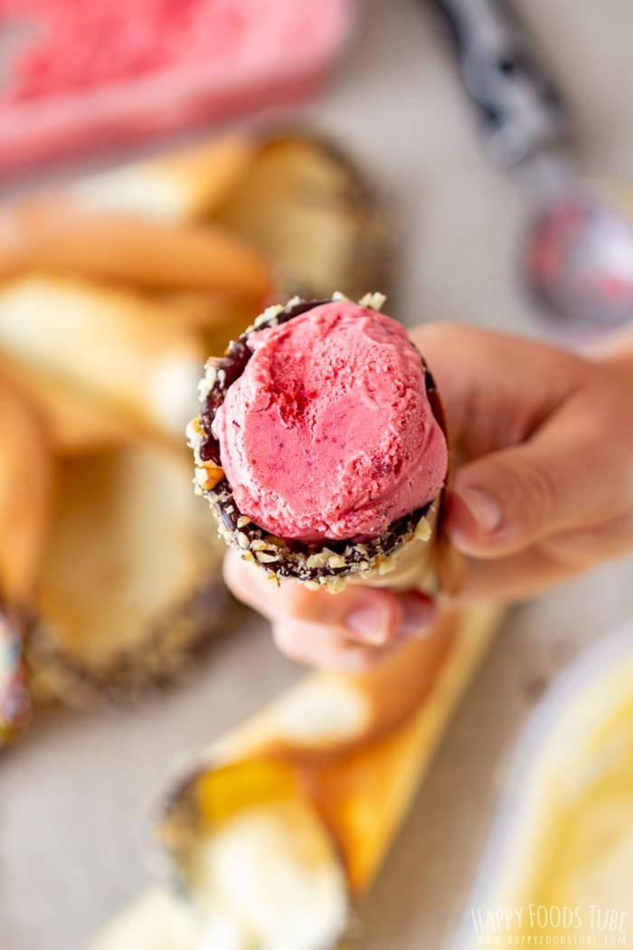 Homemade Ice Cream Cones with Strawberry Ice Cream