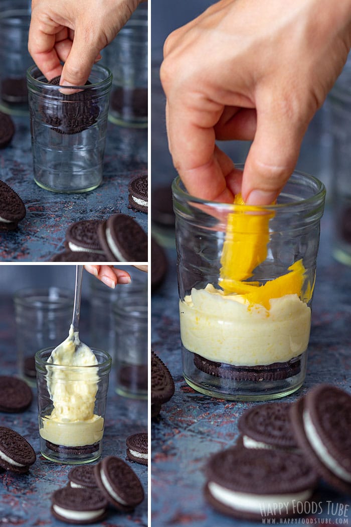 Step by step how to make Chocolate Mango Cheesecake Parfait picture collage 2
