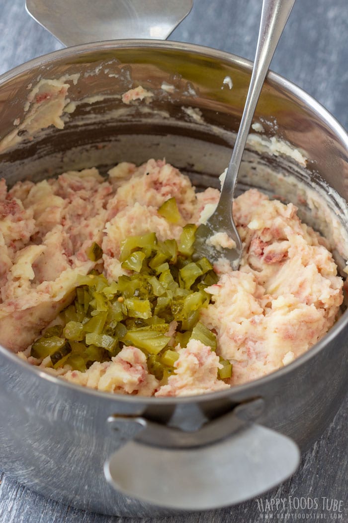 Corned Beef with Mashed Potatoes and Dill Pickles