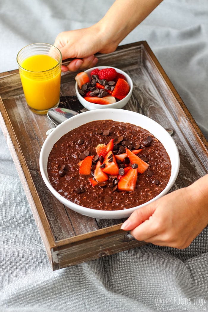 Double Chocolate Oatmeal with Fresh Orange Juice and Fruit for Breakfast