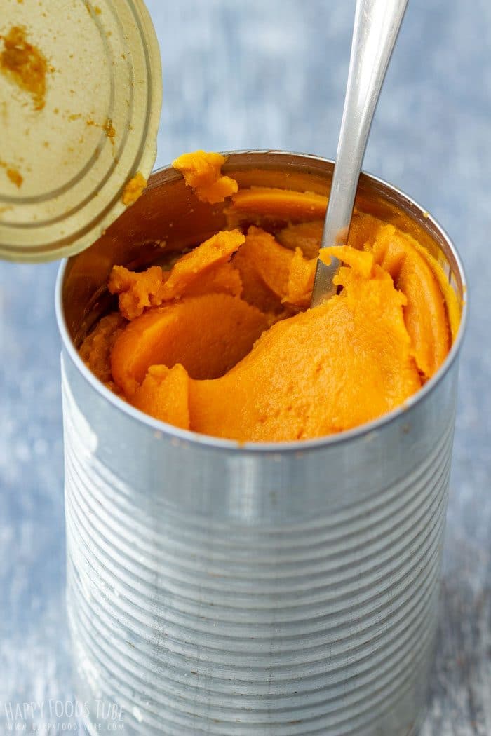 Canned pumpkin puree used for making pumpkin flatbread.
