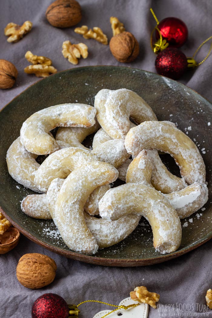Walnut Crescent Cookies with Vanilla and Powdered Sugar