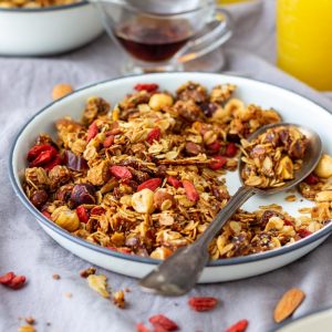 Easy homemade granola ready to serve for breakfast.