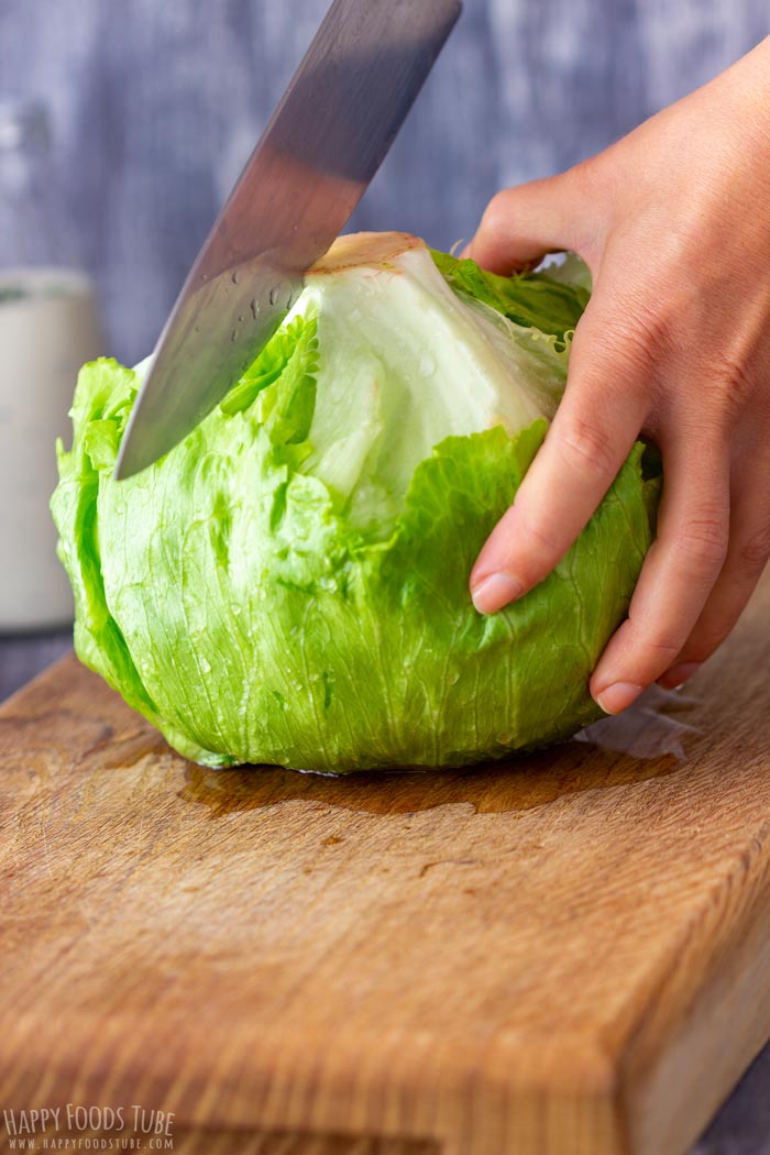 Process Shots of Wedge Salad Cutting the Iceberg Lettuce