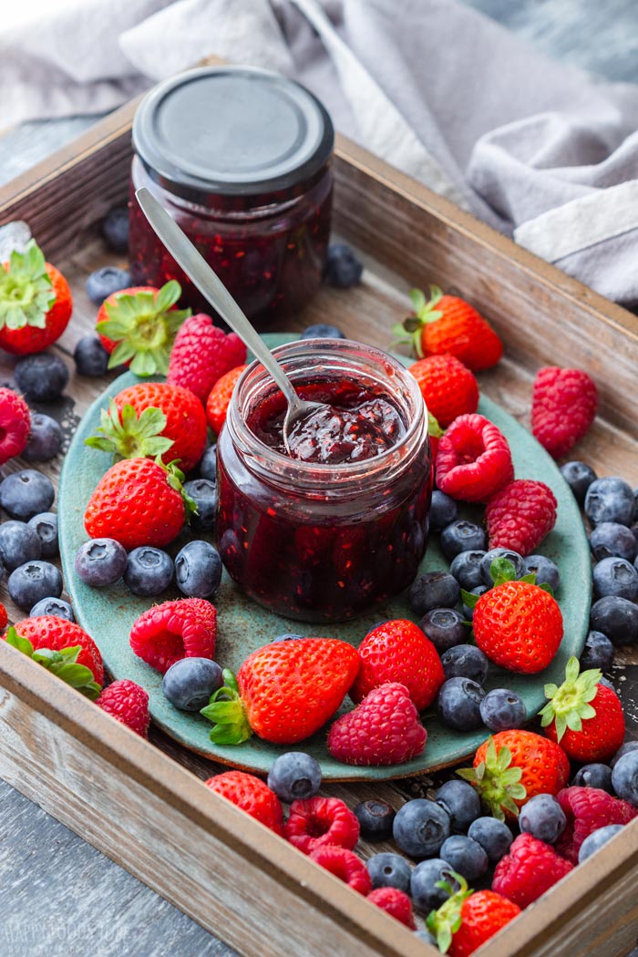 Homemade Instant Pot Mixed Berry Jam Jars with Colorful Fresh Berries