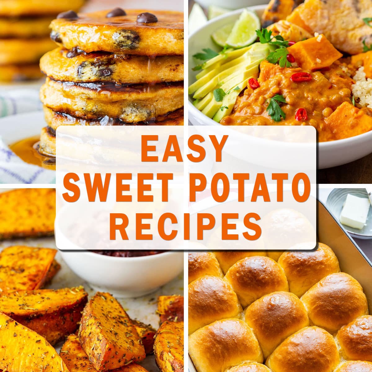 Collage of sweet potato pancakes, lentil curry, roasted sweet potato wedges and soft dinner rolls with text Easy Sweet Potato Recipes.