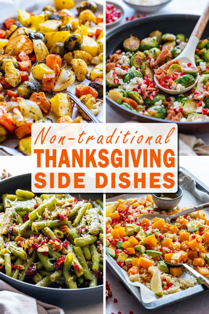 Non-traditional Thanksgiving side dish collage with roasted vegetables, Brussels sprouts, green beans and squash salad.