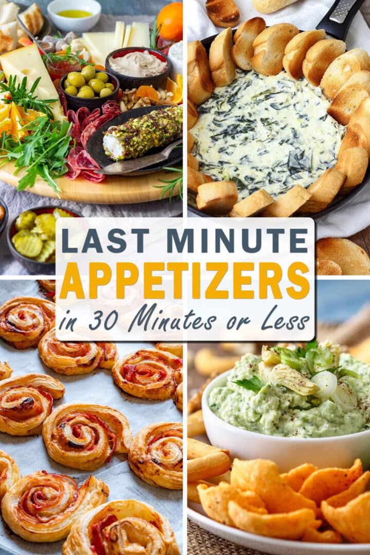 Collage of quick party appetizers: cheese board, spinach dip with bread slices, puff pastry pinwheels and artichoke heart dip.
