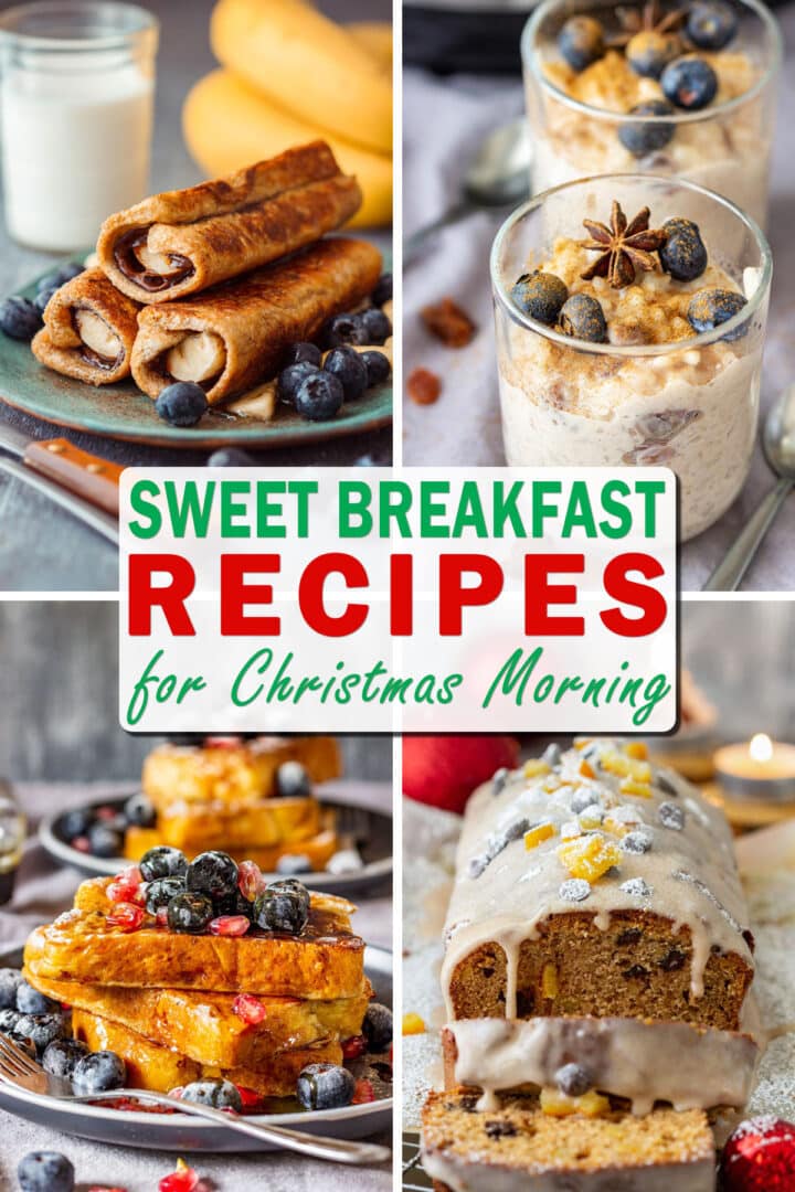 Sweet breakfast ideas for Christmas morning: French toast roll ups, blueberry rice pudding, berry-topped French toast and gingerbread loaf.