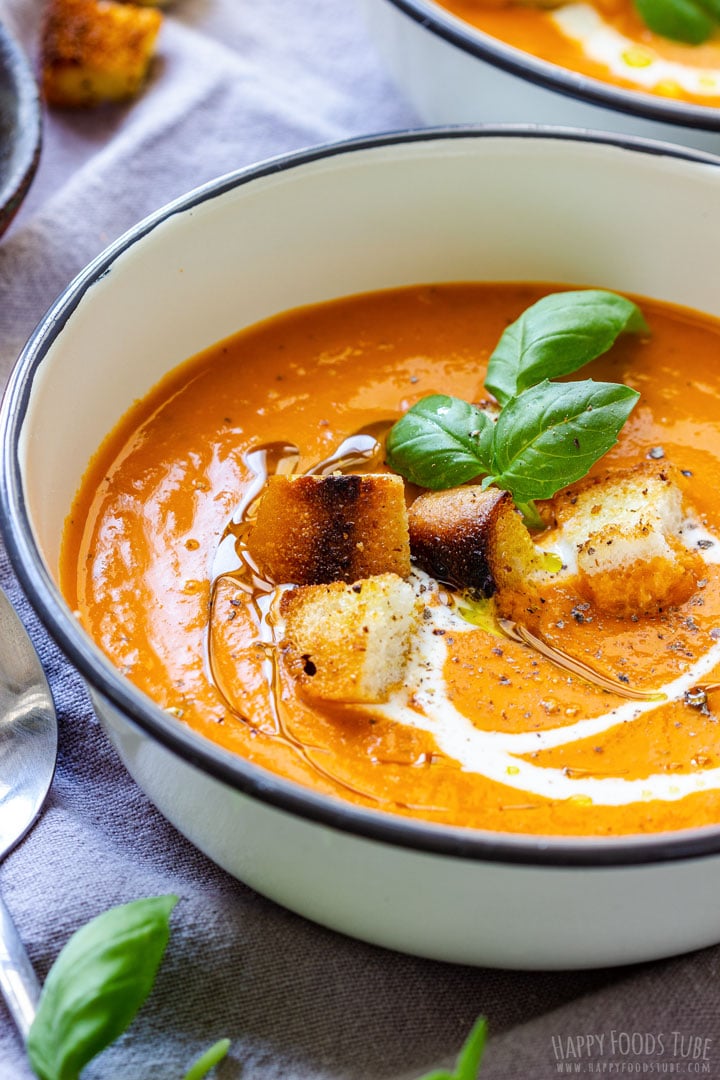 Homemade Tomato Basil Soup topped with Croutons