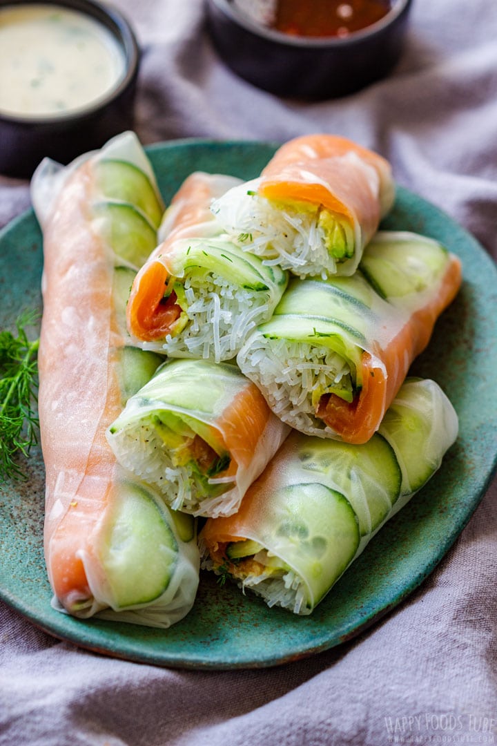 Fresh summer rolls with salmon, cucumber avocado and vermicelli noodles