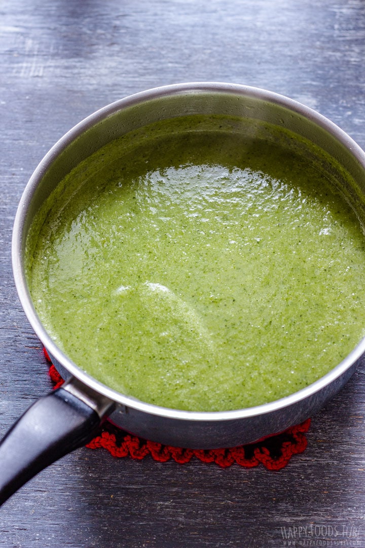 A pot of freshly made broccoli and celery soup.