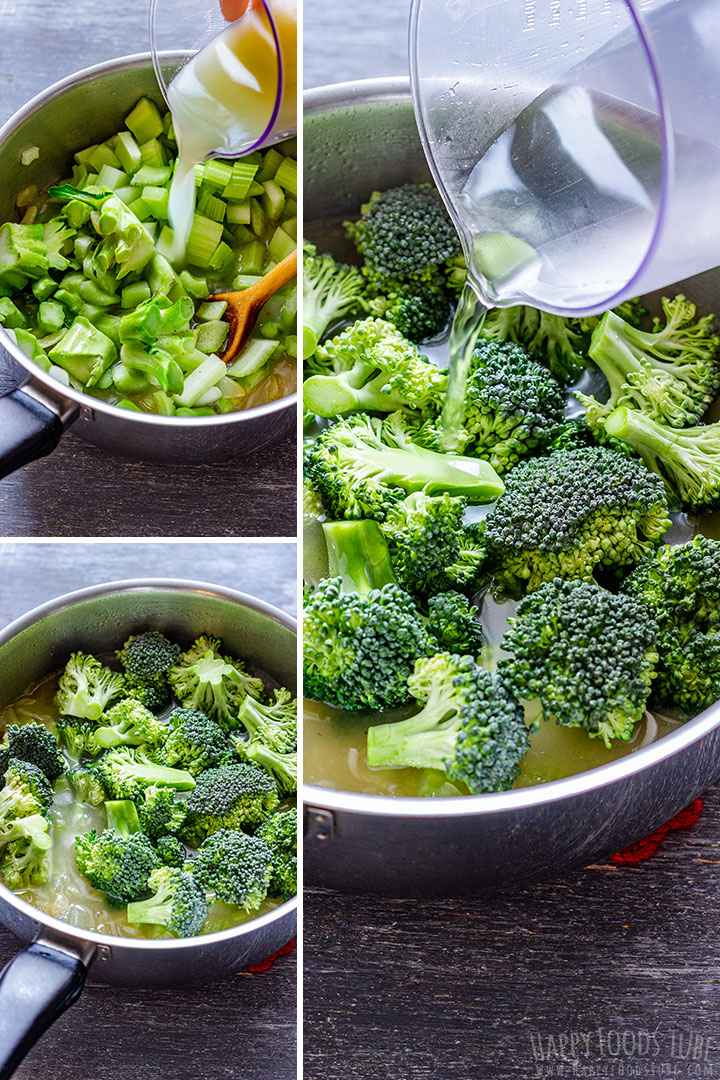 Cooking process: adding broth to celery and broccoli in a pot.