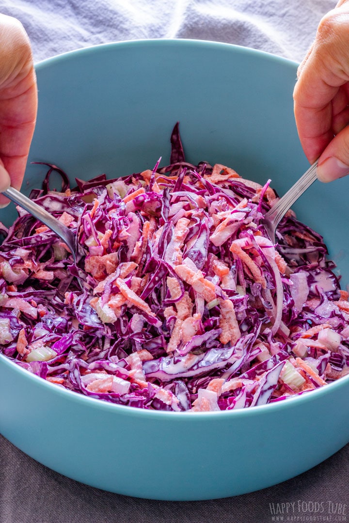 Mixing Red Cabbage Coleslaw