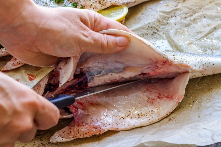 Showing how to cut and prepare sea bass
