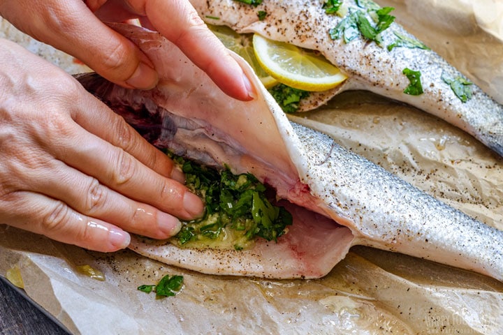 Showing how to season sea bass