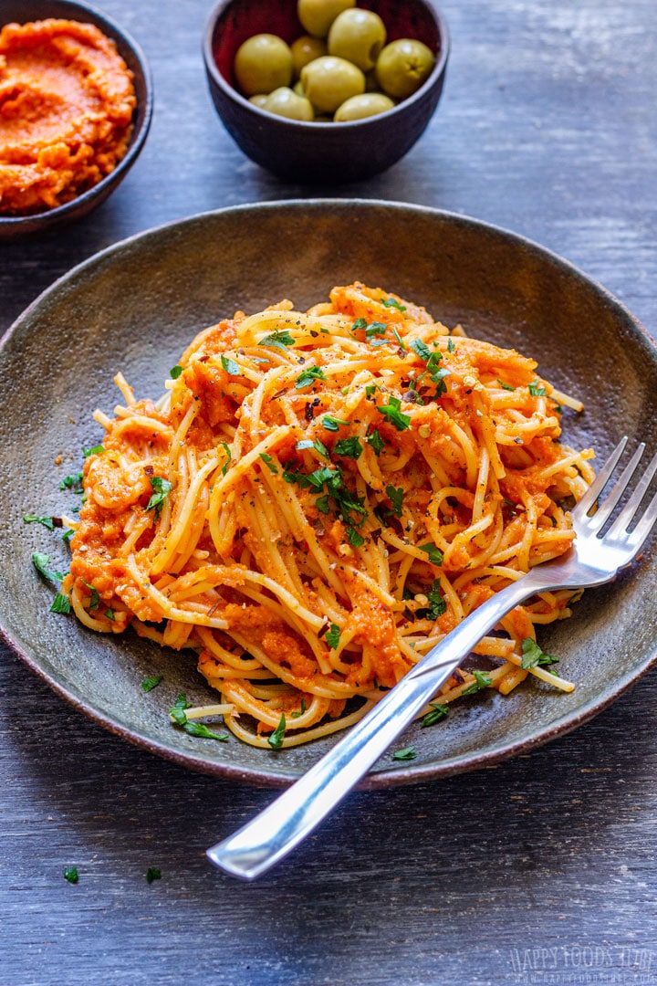 Pasta with Roasted Red Pepper Sauce on the Plate