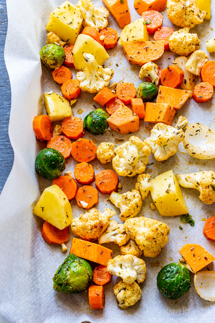 Raw fall vegetables on the baking tray