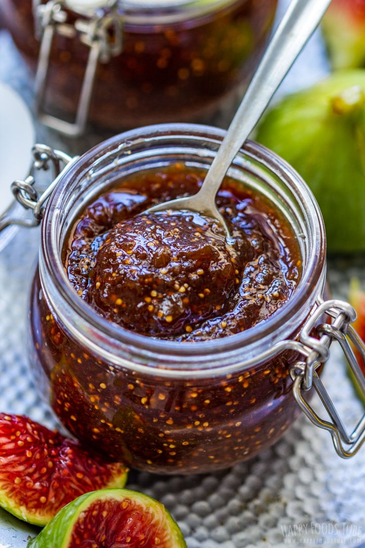 Fresh fig jam in the jar with spoon