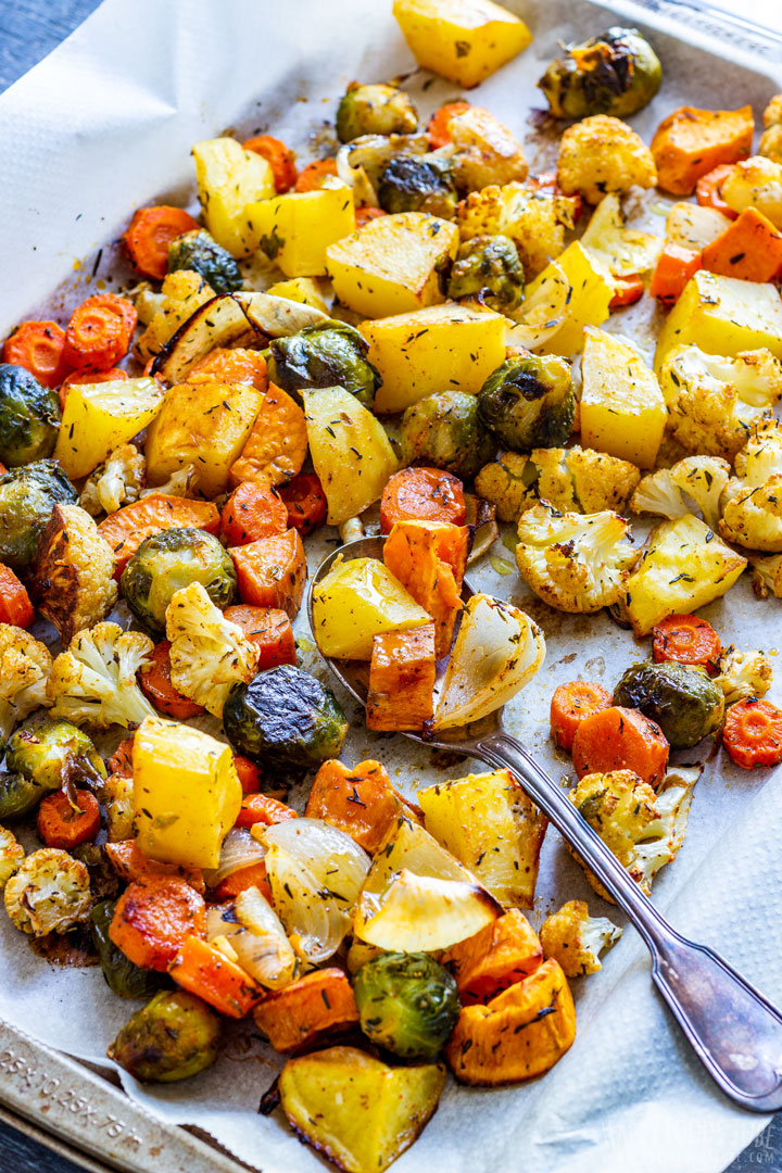 Oven roasted fall vegetables - potatoes, carrots, sweet potato and brussels sprouts