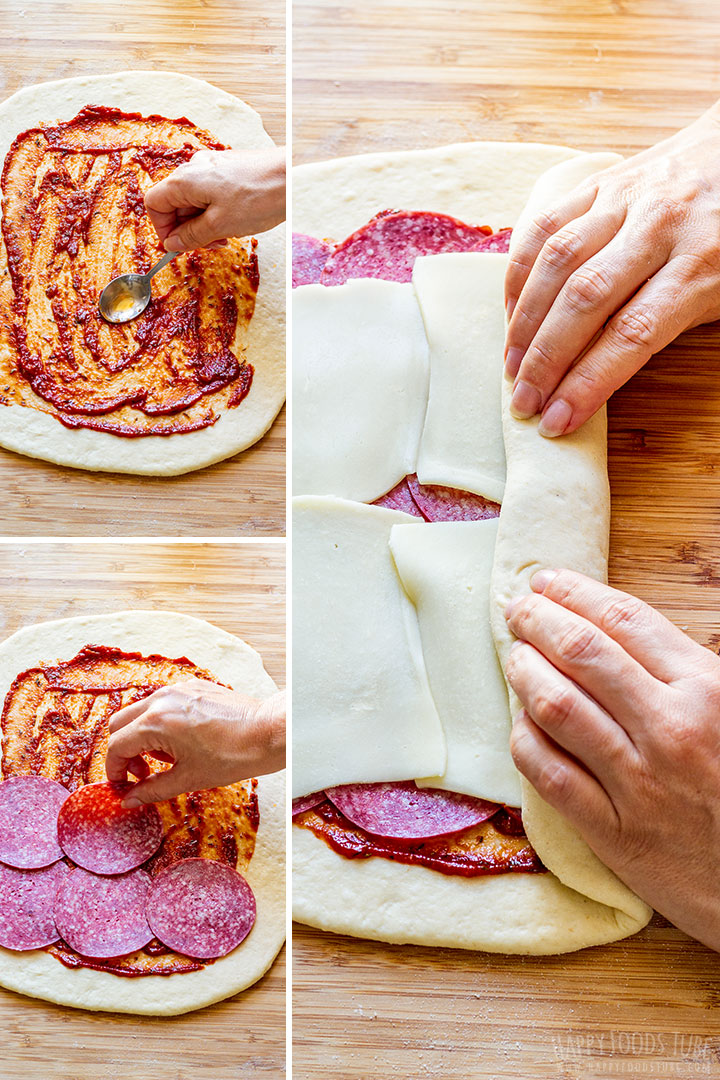 Spreading sauce and layering salami and cheese on rolled dough.