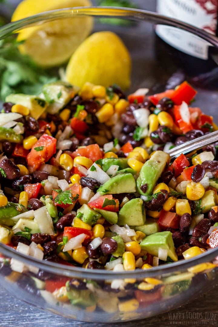Fresh black bean and corn salad in the glass bowl