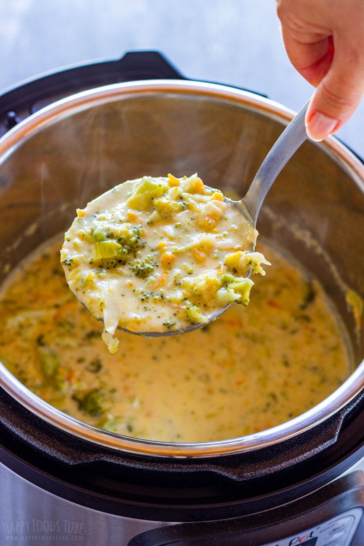 Spooning broccoli cheese soup straight from instant pot