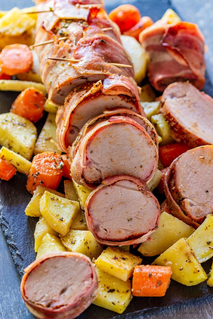 Juicy bacon wrapped pork tenderloin