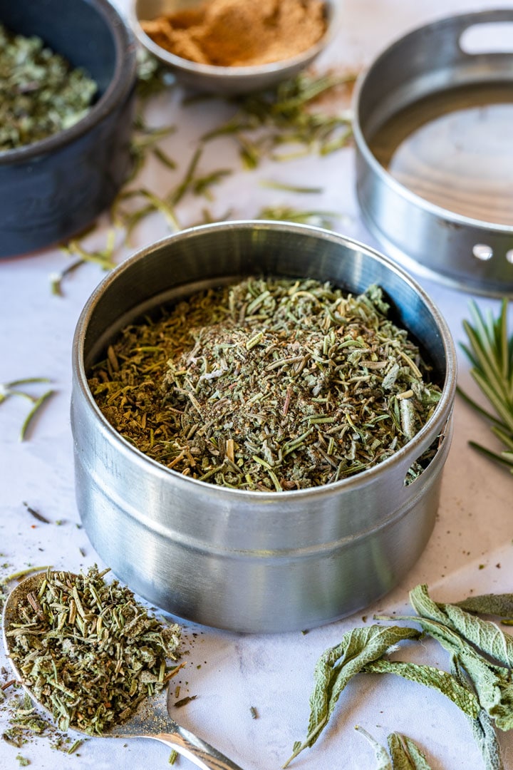 Homemade poultry seasoning in the spice container